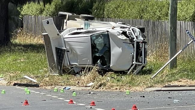 The horse float involved in a fatal three-car collision on Queens Rd and Beenak Rd in Seville on Tuesday, January 17. Picture: Kiel Egging.