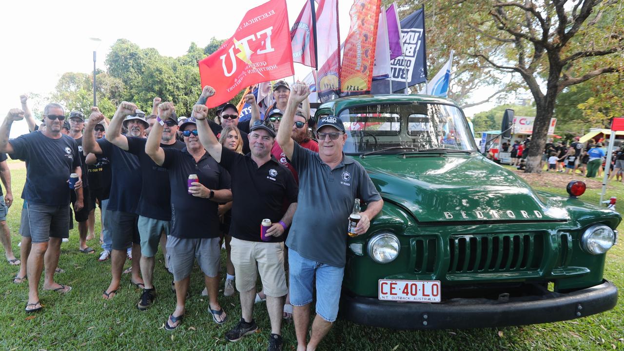 Maritime Union of Australia members standing with the Bedford truck driven by civil rights activist Brian Manning during the Wave Hill Walk-off after the truck led the May Day march on Monday, May 5. Picture: Zizi Averill