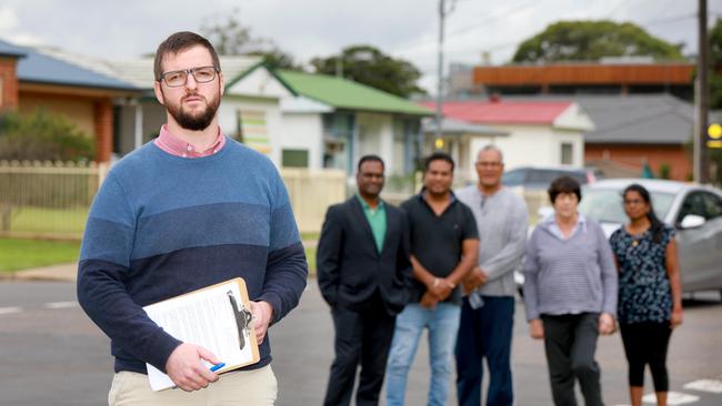 Westview Baptist Church pastor JJ Bomford with concerned residents Livingston Chettipally, Raminder Sandu, Skate Naufahu, Iva Maras and Premi Arun at the intersection of Crawford Rd and Coveny St. Picture: Angelo Velardo