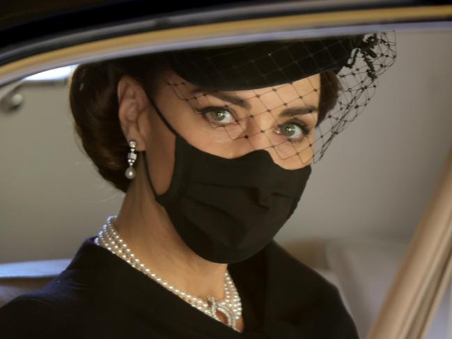 WINDSOR, ENGLAND - APRIL 17: Catherine, Duchess of Cambridge  during the funeral of Prince Philip, Duke of Edinburgh at Windsor Castle on April 17, 2021 in Windsor, England. Prince Philip of Greece and Denmark was born 10 June 1921, in Greece. He served in the British Royal Navy and fought in WWII. He married the then Princess Elizabeth on 20 November 1947 and was created Duke of Edinburgh, Earl of Merioneth, and Baron Greenwich by King VI. He served as Prince Consort to Queen Elizabeth II until his death on April 9 2021, months short of his 100th birthday. His funeral takes place today at Windsor Castle with only 30 guests invited due to Coronavirus pandemic restrictions. (Photo by Chris Jackson/WPA Pool/Getty Images)