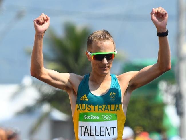 Australia’s Jared Tallent celebrates winning the silver medal in the 50km walk.