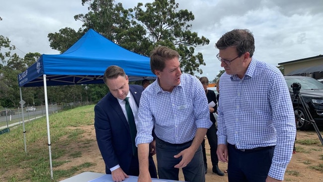 Brisbane Lord Mayor Adrian Schrinner, Member for Bonner Ross Vasta and Urban Infrastructure Minister Alan Tudge announcing $14 million in funding for the Priestdale Rd Rochedale roundabout upgrade last year, part of the Federal and State governments’ $500 million Better Roads for Brisbane Fund. Picture: Supplied