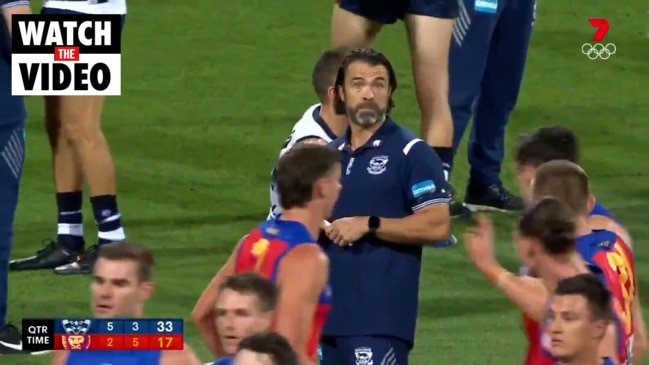 Cats coach's fiery exchange with Lions players (7AFL)