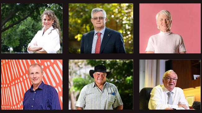 Six of the Territory Economic Reconstruction Commissions nine members. Clockwise from top left: Romilly Madew, Martin Parkinson, Gail Kelly, Gary Higgins, Mick Dodson, Paul Henderson.