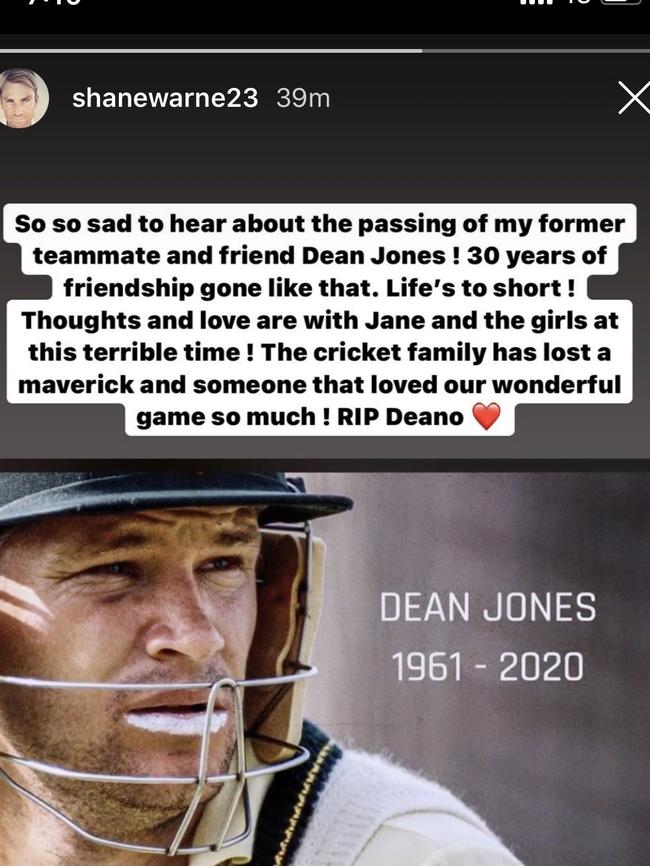 Shane Warne posted a tribute to Dean Jones on Instagram @Shanewarne23