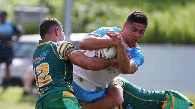 Pride's Heilum Luki in the pre-season trial match between the Northern Pride and the Cairns Foley Shield representative side, held at Petersen Park, Edmonton. PICTURE: BRENDAN RADKE