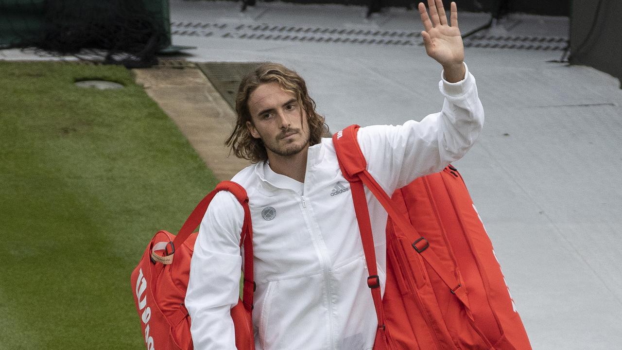 Stefanos Tsitsipas after losing his Men's Singles First Round match against Frances Tiafoe. (Photo by AELTC/David Gray-Pool/Getty Images)