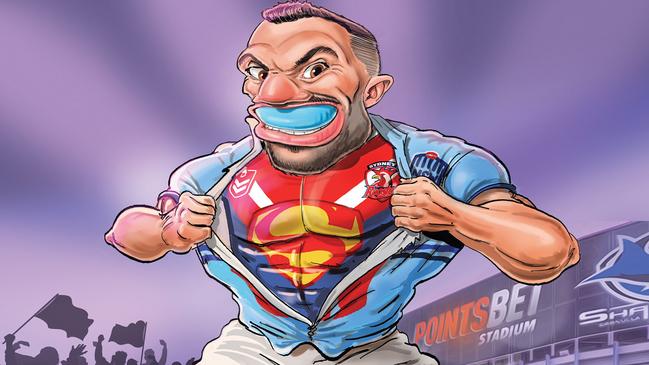 Roosters superman James Tedesco. Artwork: Scott 'Boo' Bailey.