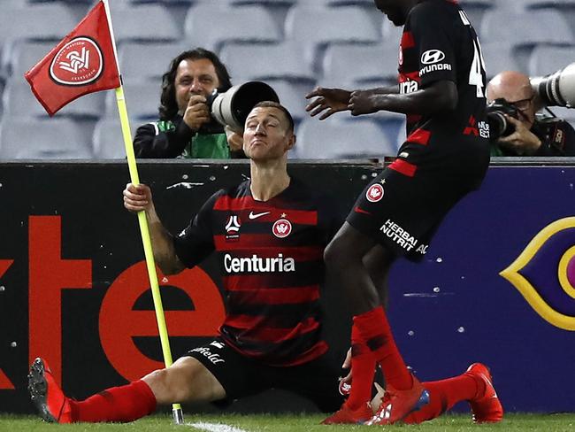 Mitch Duke celebrates scoring against Melbourne City in round 23. Picture: Getty Images 