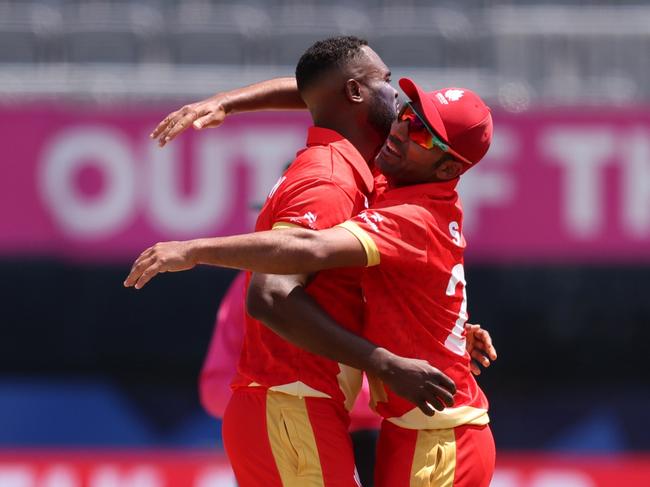 NEW YORK, NEW YORK - JUNE 07: Jeremy Gordon of Canada celebrates the wicket of Mark Adair of Ireland (not pictured) during the ICC Men's T20 Cricket World Cup West Indies & USA 2024 match between Canada and Ireland at Nassau County International Cricket Stadium on June 07, 2024 in New York, New York. (Photo by Robert Cianflone/Getty Images)