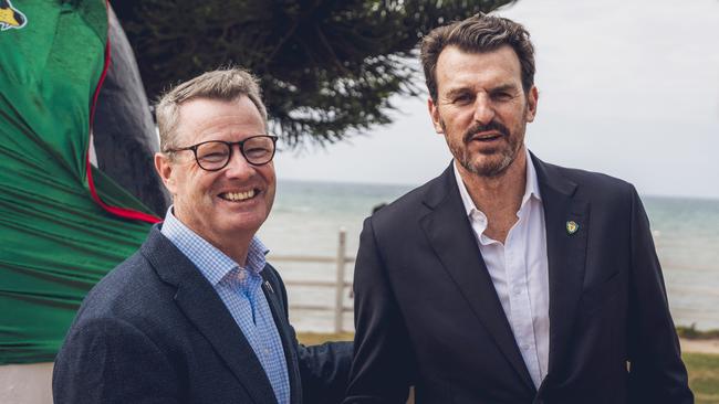 Grant O'Brien Chair Tasmania Football Club with Brendon Gale.  Brendon Gale is welcomed as inaugural CEO of Tasmania Football Club in Penguin Tasmania.  Picture: Tasmania Football Club