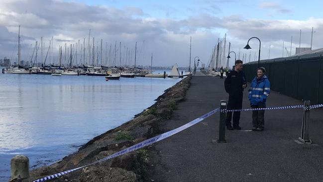 Police have roped off the Ferguson St pier in Williamstown after a body was found nearby. Picture: Neary Ty/Nine News