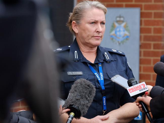 Acting Superintendent Joy Arbuthnot speaks outside the Wangaratta police station. Picture: Simon Dallinger