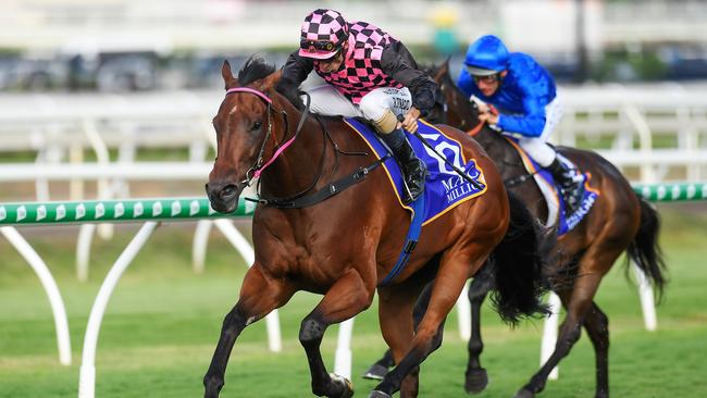 Jockey Robbie Fradd rides Deep Image to victory in race 8, the Magic Millions The Buffering. (AAP Image/Albert Perez)