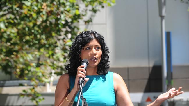 Victorian Greens leader Samantha Ratman addresses people from all races march against Racism at a protest outside the State Library, Melbourne. Picture: Andrew Henshaw