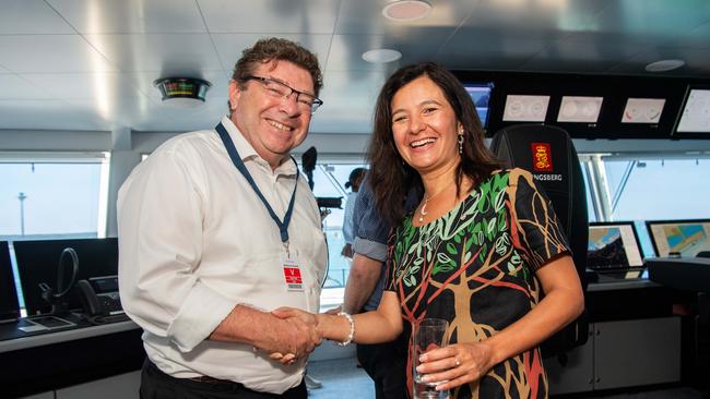 Shaun Drabsch CEO of DITT and Natalya Leahy President of SeaBourn Cruise Line as the luxury cruise ship Seabourn Pursuit arrives Darwin Port for the first time this year for its first season in the Kimberleys. Picture: Pema Tamang Pakhrin