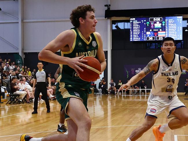 GIPPSLAND, AUSTRALIA - FEBRUARY 23: Emmett Adair of Australia in action during the FIBA Asia Cup Qualifier match between Australia Boomers and Thailand at Gippsland Regional Indoor Sports Stadium on February 23, 2025 in Gippsland, Australia. (Photo by Graham Denholm/Getty Images)