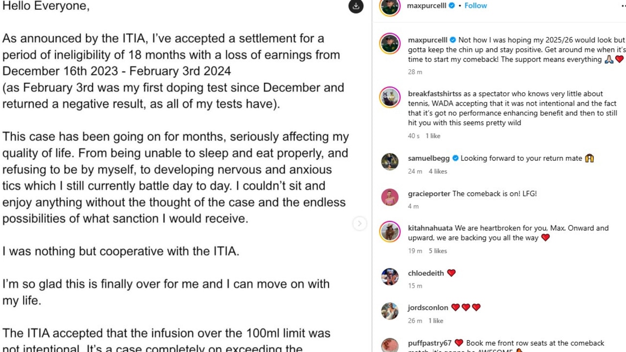 Purcell’s Insta post after doping ban.