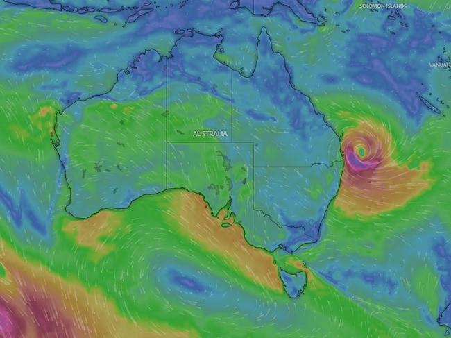 The category 2 cyclone was 325km east of Brisbane and 300km east of the Gold Coast on Thursday morning, moving west southwest at 7km/h. It’s expected to cross the coast on Friday, likely between Maroochydore and Coolangatta. The NSW SES issued a watch and act severe weather alert on Thursday morning, urging people across NSW between Tweed Heads and Evans Head to stay inside unless directed to evacuate.Picture: Windy.com