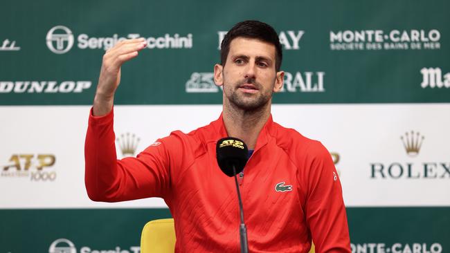 MONTE-CARLO, MONACO - APRIL 10: Novak Djokovic of Serbia talks to the media during day one of the Rolex Monte-Carlo Masters at Monte-Carlo Country Club on April 10, 2022 in Monte-Carlo, Monaco. (Photo by Julian Finney/Getty Images)