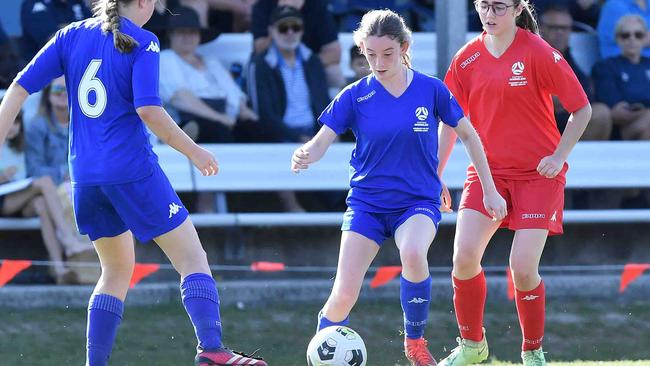 Football Queensland Community Cup carnival, Maroochydore. U15-17 girls, Metro South V Central Coast. Picture: Patrick Woods.