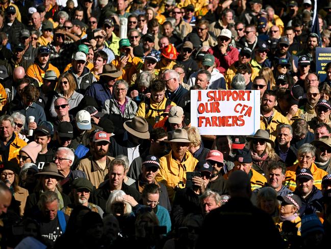 Thousands of farmers and CFA volunteer firefighters protest against the levy on budget day. Picture: William West