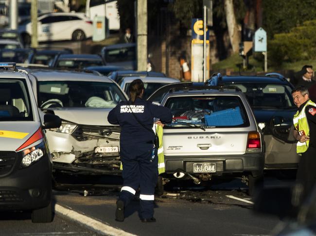 An accident on the west bound lane of Parramatta Road near Ashfield Park. Appears to be a head on collision with multiple emergency vehicles attending. Traffic is significantly backed up exiting the city. Picture: Dylan Robinson