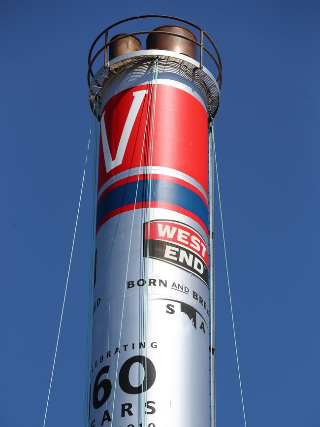 The Roosters colours atop the chimney at the West End brewery. Picture: Tait Schmaal