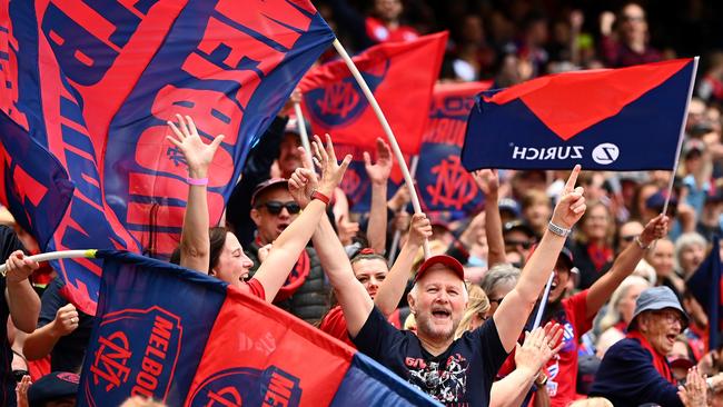 Fans celebrate watching a replay of the grand final during the Melbourne Demons AFL Premiership Celebration at Melbourne Cricket Ground.