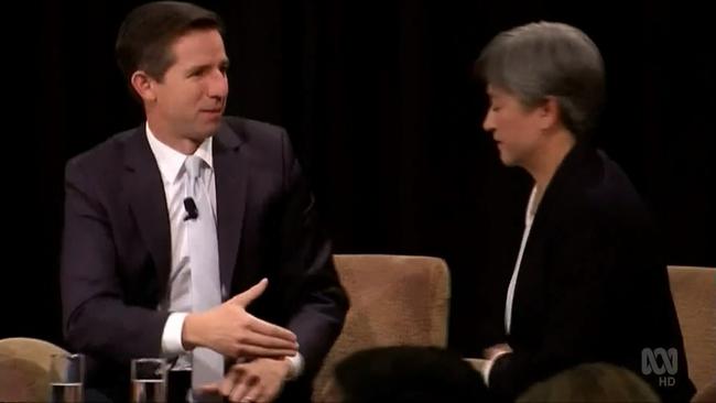 Ummm … nope. Penny Wong (right) gives the cold shoulder to Simon Birmingham. Picture: Screengrab/ABC