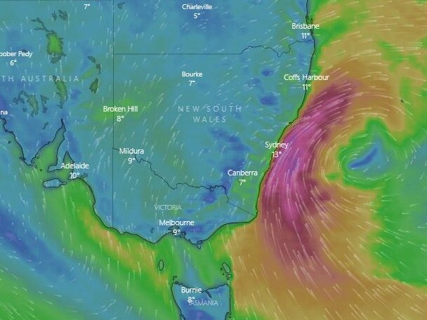 A deepening Tasman low brings a burst of wind and rain to parts of Australia. Photo: Windy.