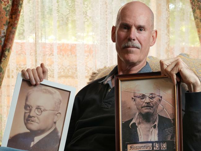 Alex Mericka at his Sheidow Park home holding pictures of his grandfather, before and after the Czech lawyer’s admission to Flossenburg concentration camp. Picture: Dean Martin