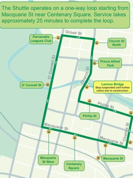 The free bus shuttle route in Parramatta CBD.