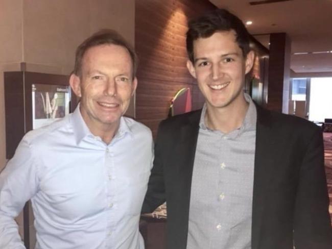 Former prime minister Tony Abbott (left) with Amon both men volunteer with the Rural Fire Service. Picture: Supplied