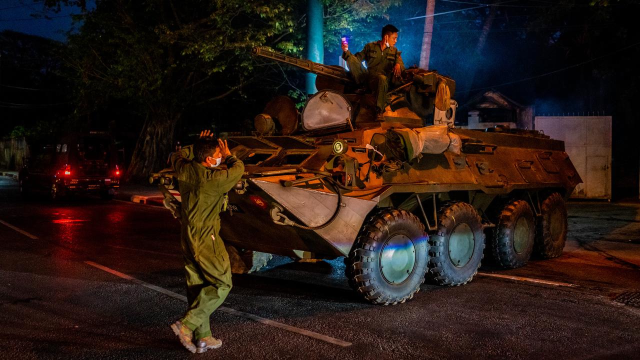 Protesters clashed with the military at multiple locations across Myanmar on Sunday. Picture: Hkun Lat/Getty Images