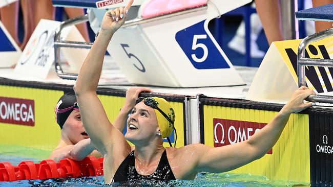 Shayna Jack is all smiles in the pool after the epic victory.