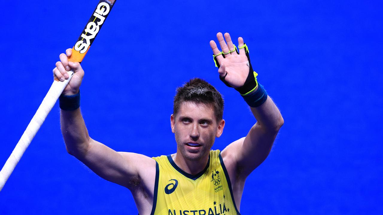 Edward Ockenden and Australia' celebrate winning the Men's Semi-Final of the Tokyo 2020 Olympic Hockey event at Oi Hockey Stadium. Pics Adam Head