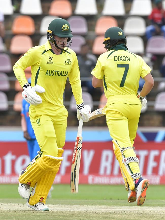 Hugh Weibgen and Harry Dixon run between the wickets against India in Benoni, South Africa, during the ICC Under 19 World Cup. (Photo by Sydney Seshibedi/Gallo Images)