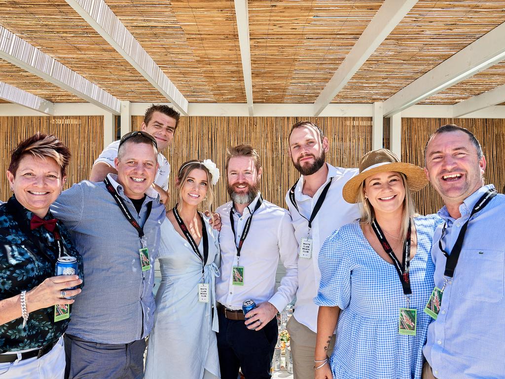 Kelly Trivelion, Travis Mystiuk, Megan and Ryan Jenkins, Ash Byrne, Belinda Payne, Leigh Stephenson and Brad De Lucia at the Adelaide Cup at Morphettville Racecourse, Monday, March 8, 2021. Picture: MATT LOXTON