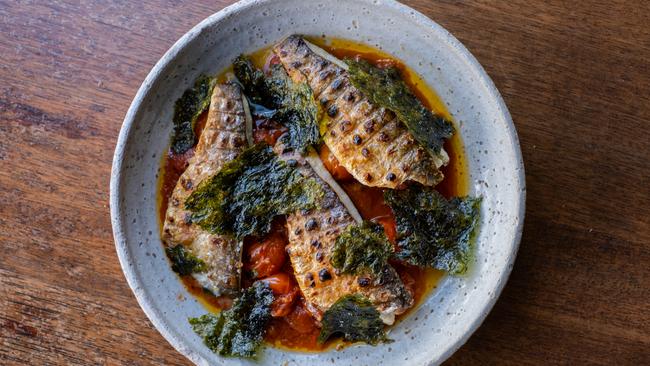 Grilled mullet, blistered tomato and seaweed at Nido.