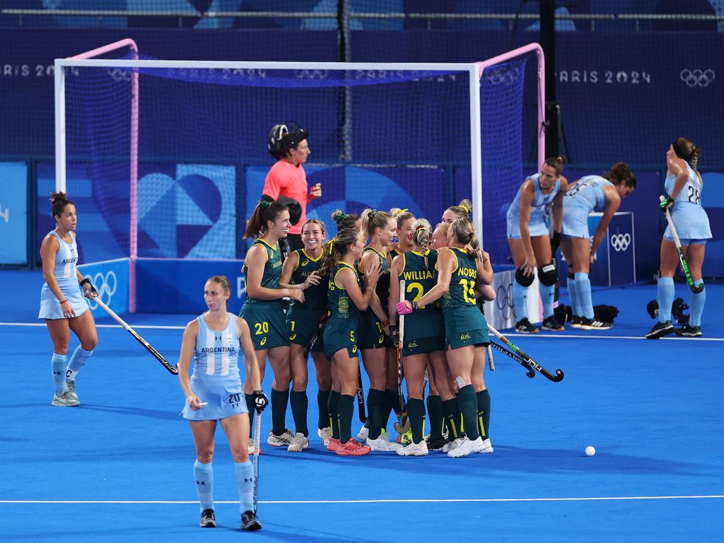 Stephanie Kershaw of Team Australia celebrates after scoring Australia's but it was the equaliser in the last second that has kept their campaign alive. Picture: Alex Pantling/Getty Images