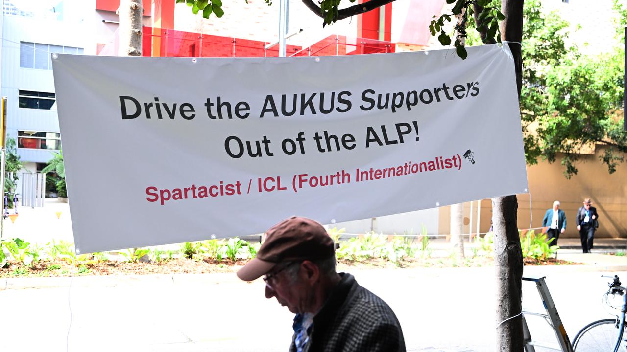 An anti-AUKUS protest sign outside the 49th ALP National Conference 2023 in Brisbane. Picture: Dan Peled / NCA NewsWire