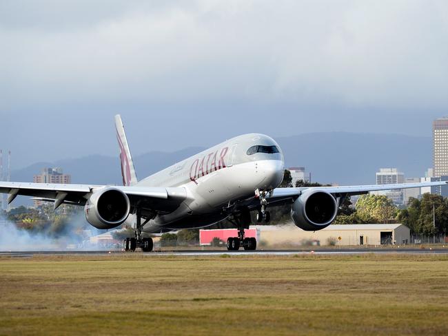 First flight of Qatar Airways landing at Adelaide Airport. Picture Campbell Brodie.