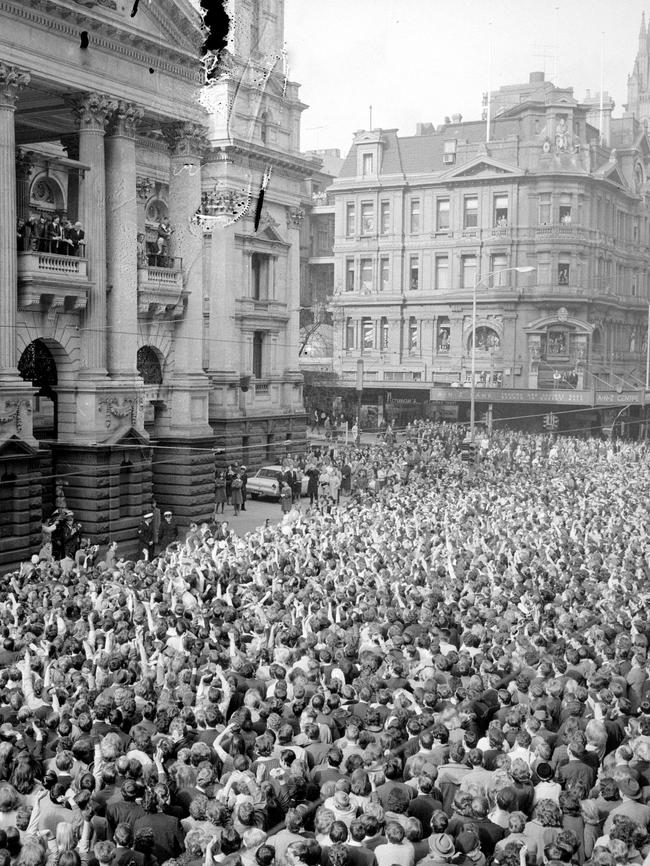 The scene outside a reception for The Beatles at the Melbourne Town Hall. Picture: HWT Library