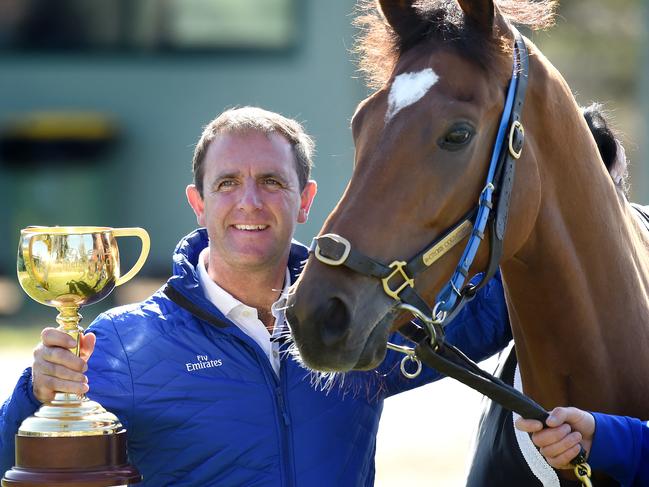 Charlie Appleby (Melbourne Cup-winning trainer) with Lexus Melbourne Cup winning horse Cross Counter at Werribee International Horse Centre.  Picture: Nicole Garmston