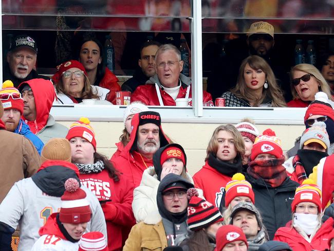 inger-songwriter Taylor Swift looks on during the game at Arrowhead Stadium. Picture: Getty Images via AFP