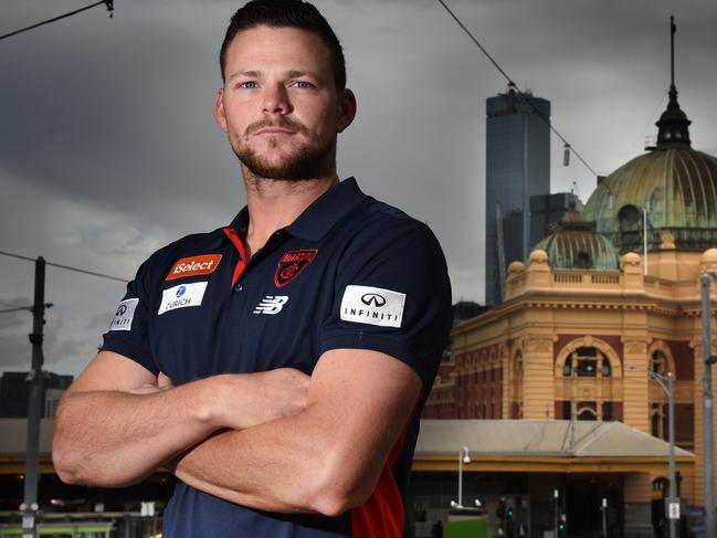 Former Suns co-captain Steven May in his first Melbourne Football Club appearance, Federation Square, Melbourne. Picture: Tony Gough