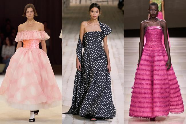 Above (L-R): Chanel, Dior, Armani Privé’50s glamourThe imagination of the 1950s was alive and kicking this season, with designers like Chanel, Dior and Armani Privé offering up evening wear ahead of awards season. Dresses were wasp-waisted, flaring out into full, layered skirts; at Chanel, they were awash in baby pink and at Dior, Maria Grazia Chiuri spoke the language of moiré and polka dots. A busy beginning at Armani Privé tapered off into classic formal dresses—strapless tiered gowns to be worn in a ballroom. 
