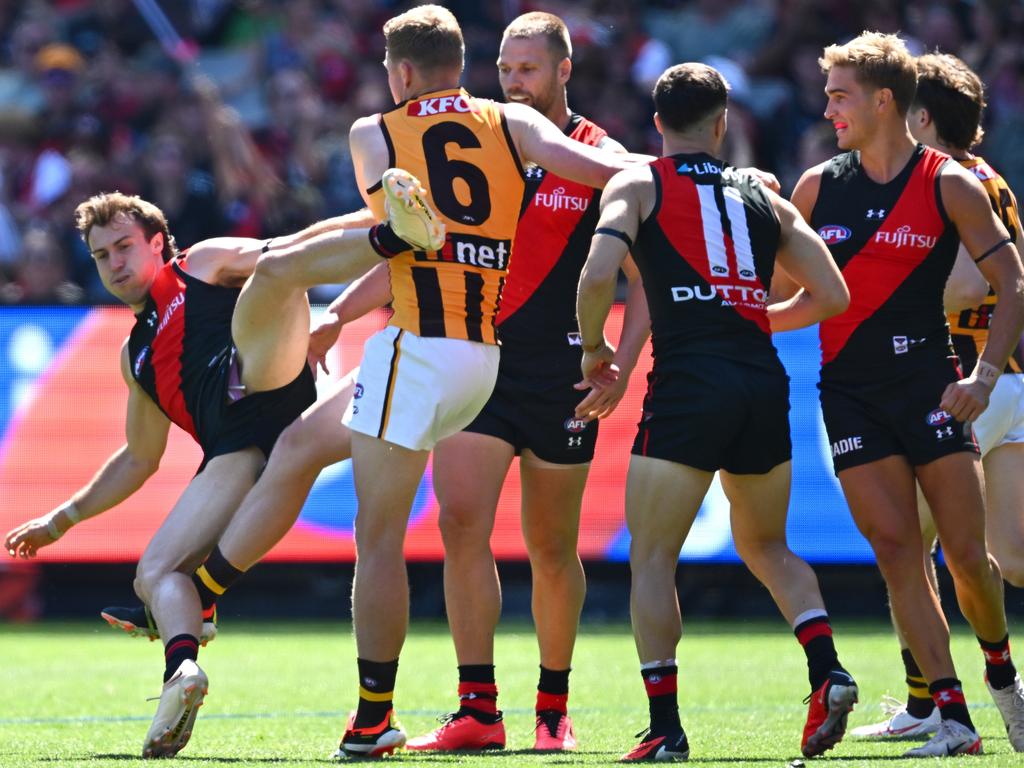 James Sicily’s kick on Andrew McGrath. Picture: Getty Images