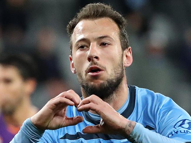 Adam Le Fondre of Sydney FC celebrates goal  during the A-League Semi Final match between Sydney FC and Perth Glory at Bankwest Stadium. Picture. Phil Hillyard